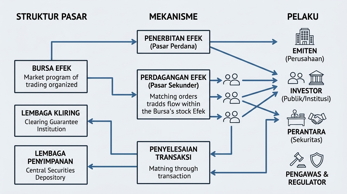 Diagram alur cara pasar modal Indonesia bekerja dengan pelaku dan mekanisme