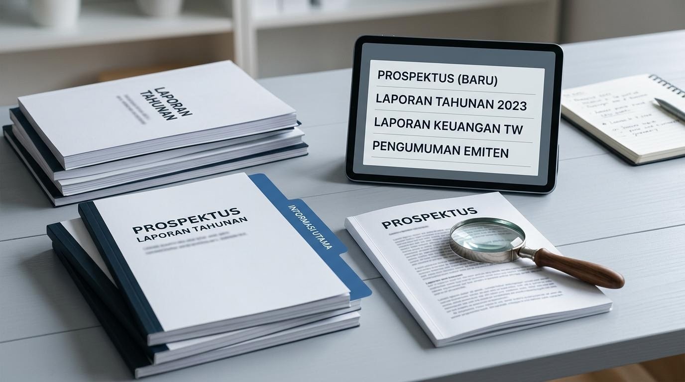 Meja riset dengan prospektus dan laporan tahunan emiten yang tertata