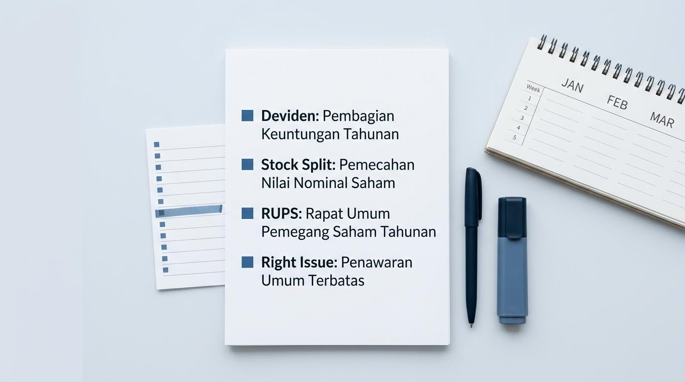 Catatan aksi korporasi berisi jadwal dividen, stock split, dan agenda RUPS