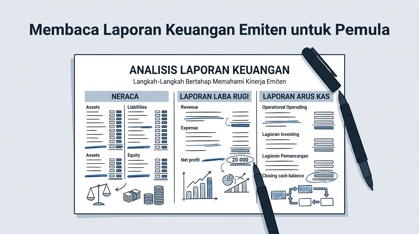 Lembar laporan keuangan dengan penanda neraca, laba rugi, dan arus kas