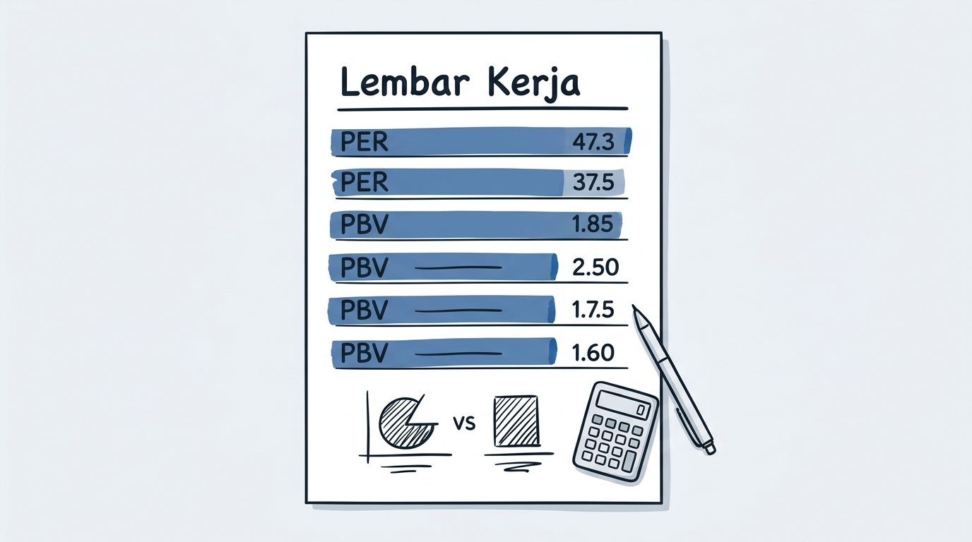 Lembar kerja rasio dasar laporan keuangan dengan penanda konsep PER dan PBV